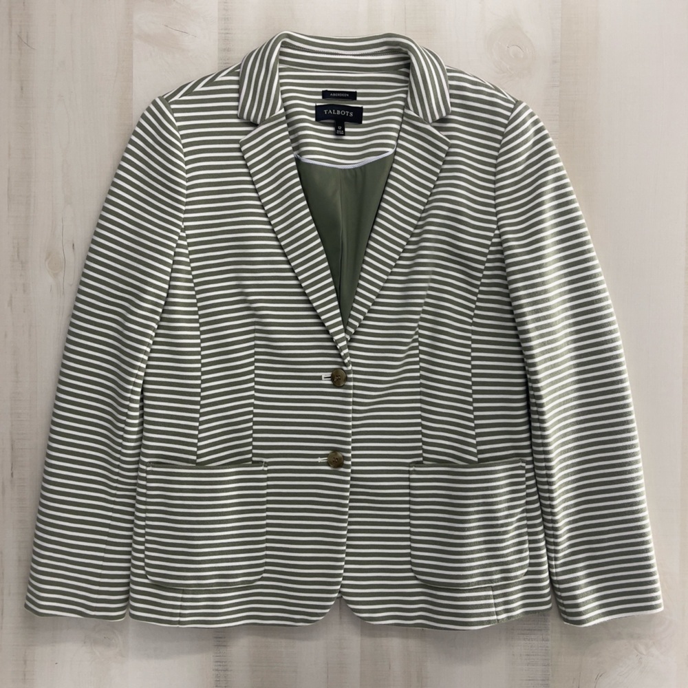 TALBOTS Aberdeen striped cotton blazer jacket coat work career 12 green